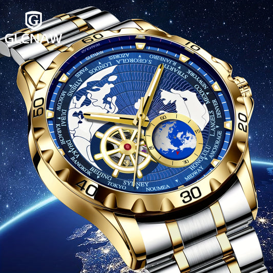 Bold mechanical watch for men with gold and silver bracelet and detailed blue world map dial