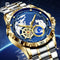 Bold mechanical watch for men with gold and silver bracelet and detailed blue world map dial