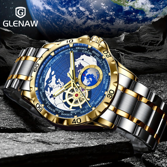 Bold mechanical watch for men by Alcom Distribution with gold and silver band and globe design dial
