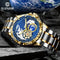 Bold mechanical watch for men by Alcom Distribution with gold and silver band and globe design dial