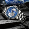 Alcom Distribution bold mechanical watch for men with silver band and blue world map dial