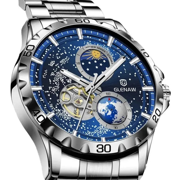 Glenaw rotating earth watch with blue dial, rotating globe, and silver stainless steel band by Alcom Distribution