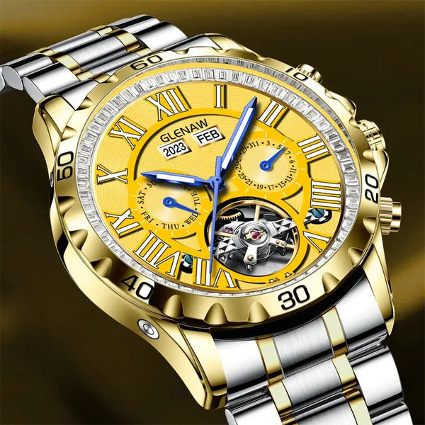 Stylish men's wristwatch with yellow dial, gold and silver metal band by Alcom Distribution