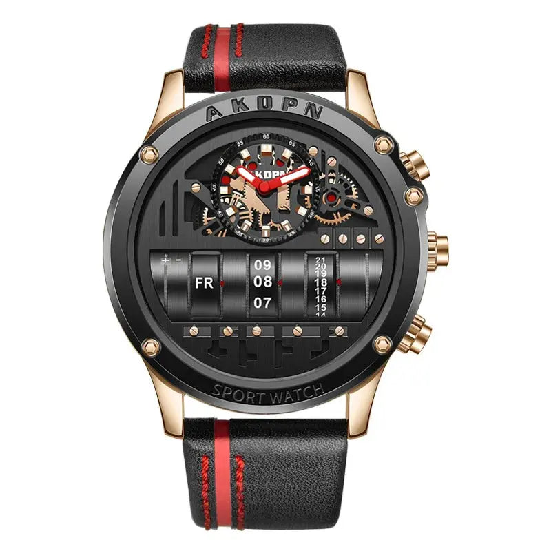 Gorben men's quartz watch with black and gold case and black leather strap with red stitching