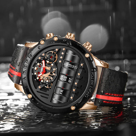 Gorben men's quartz watch with black and rose gold case, black leather strap, and red accents