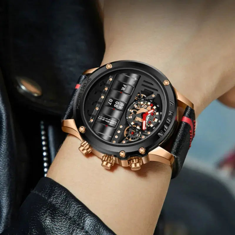 Gorben men's quartz watch with black and gold case and black leather strap on wrist