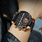 Gorben men's quartz watch with black and gold case and black leather strap on wrist