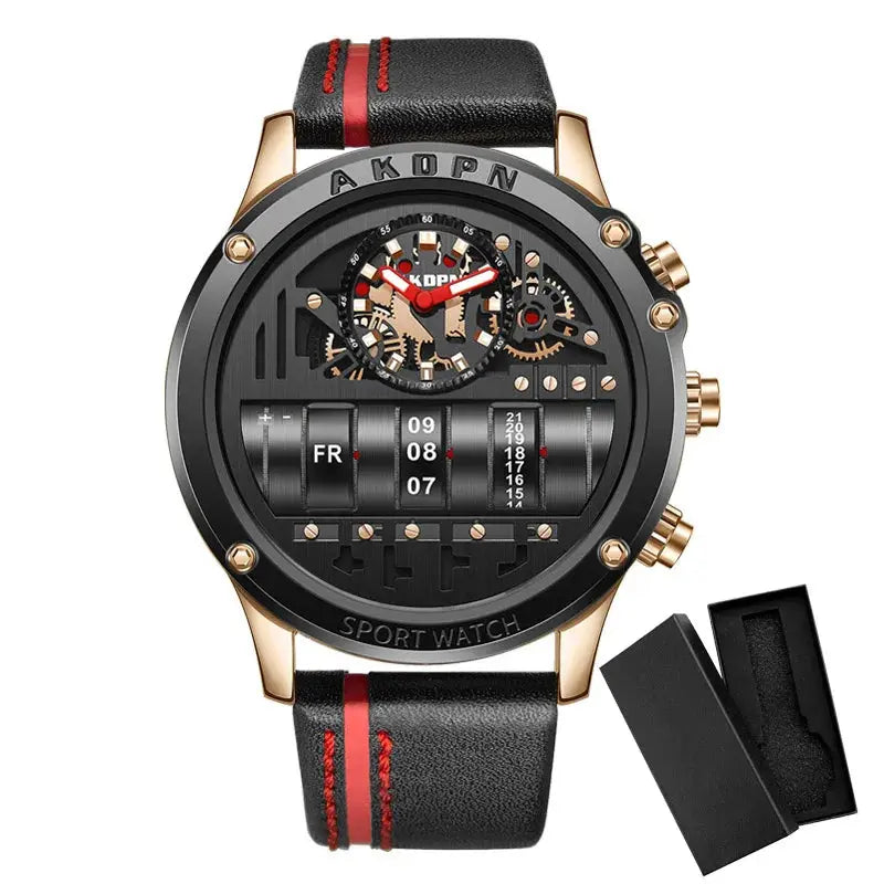 Gorben men's quartz watch by Alcom Distribution with black dial, visible gears, and black leather strap with red stitching