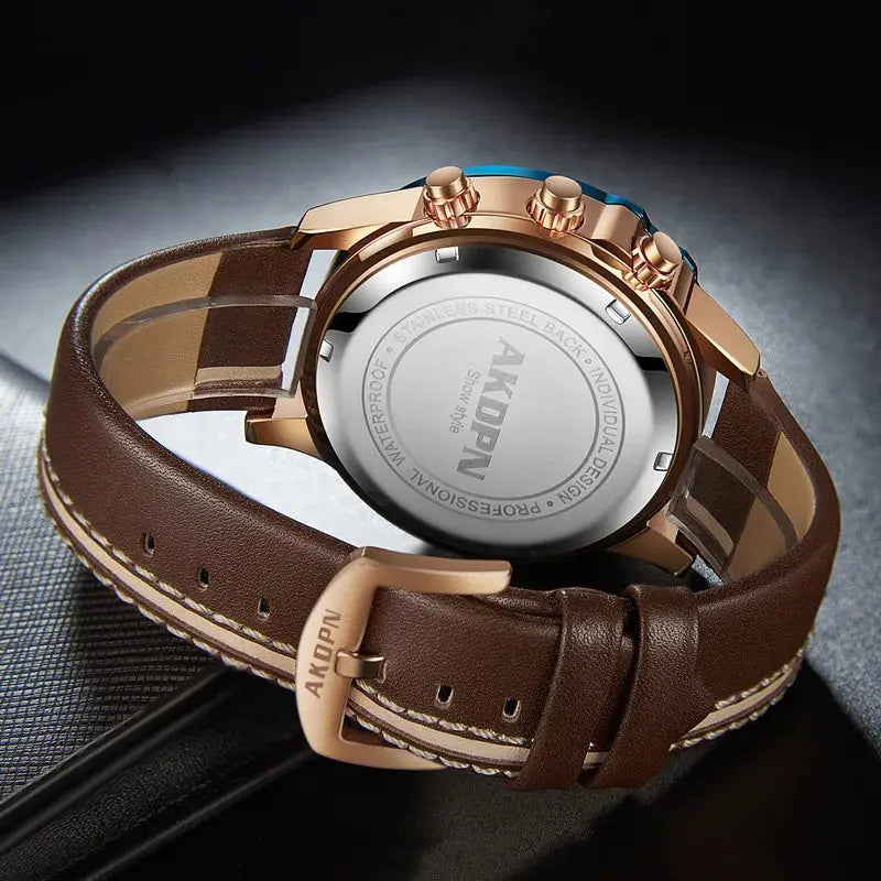 Gorben men's quartz watch with brown leather strap and rose gold stainless steel case back