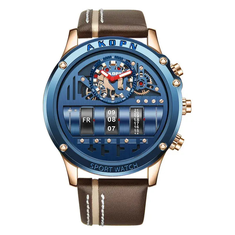 Gorben men's quartz watch with blue dial, exposed gears, date display, and brown leather strap by Alcom Distribution