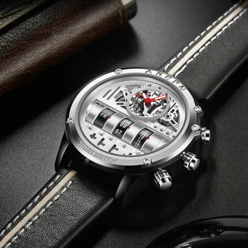 Gorben men's quartz watch by Alcom Distribution with black leather strap and silver dial showing date and time