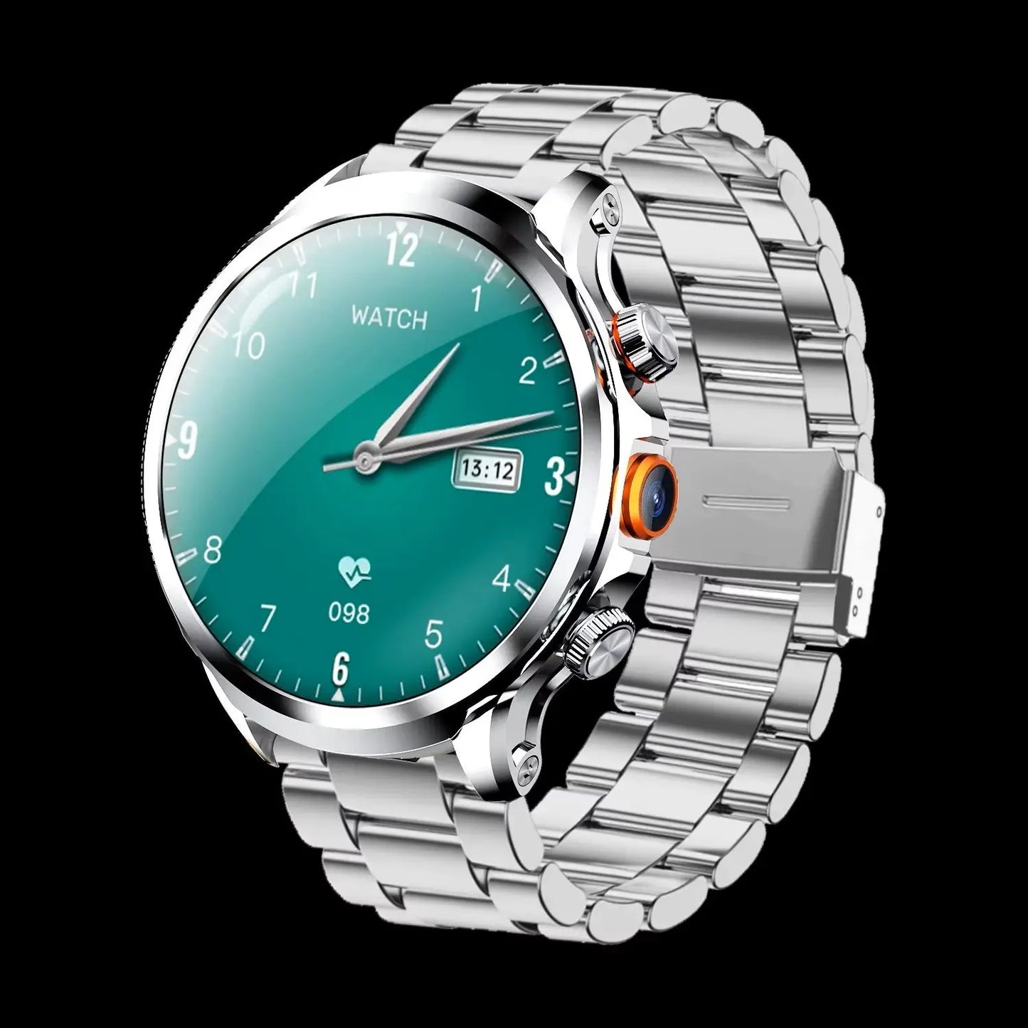 Stylish silver GPS smart watch fitness tracking with a teal face and polished metal band