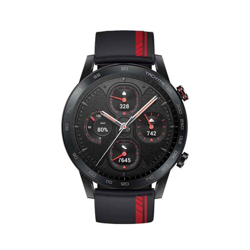 Honor Sport smartwatch tachymeter with black round dial and red-accented black silicone strap