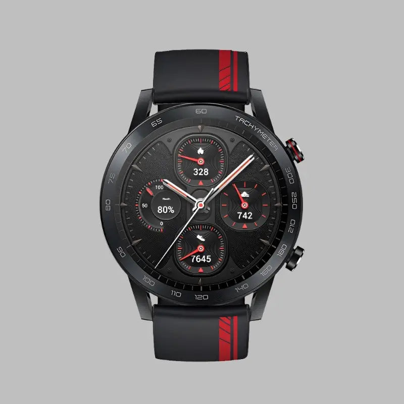 Honor Sport smartwatch tachymeter with black and red silicone strap and multiple digital dials