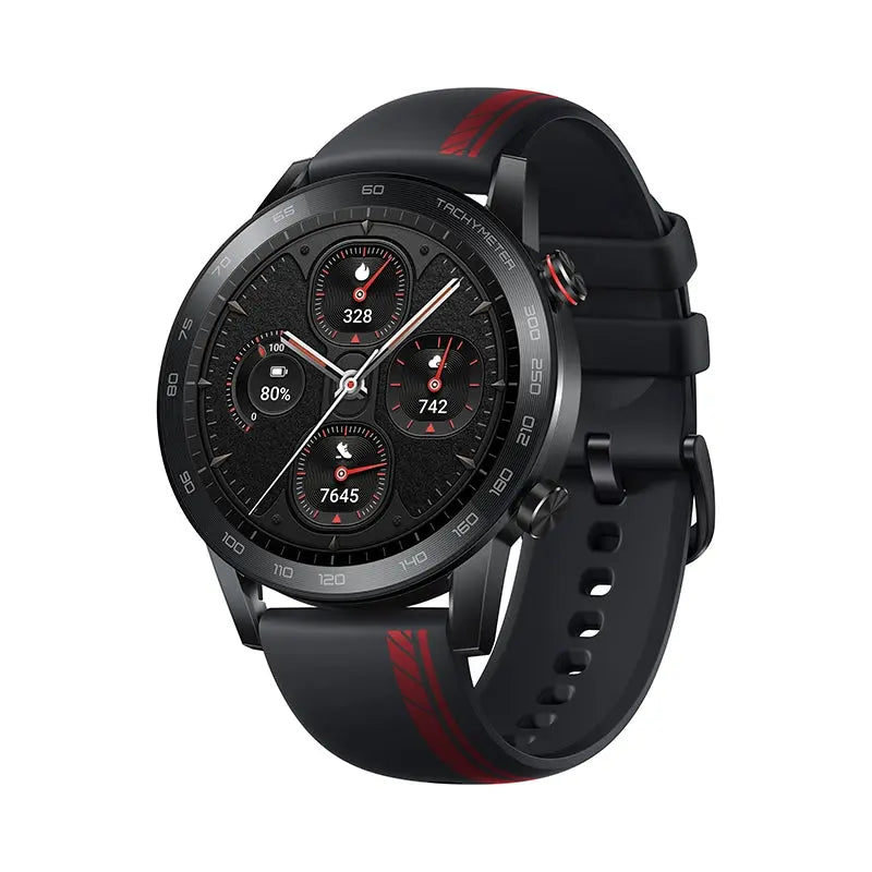 Honor Sport smartwatch tachymeter with black round dial and black silicone strap with red accents