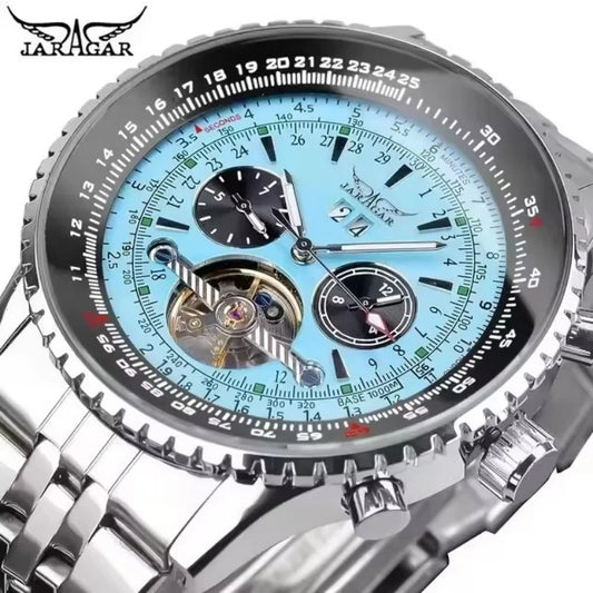 Alcom Distribution JARAGAR mechanical watch silver stainless steel bracelet light blue open heart dial with chronograph