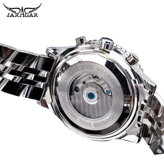 JARAGAR mechanical watch stainless steel exhibition caseback showing automatic movement and silver bracelet