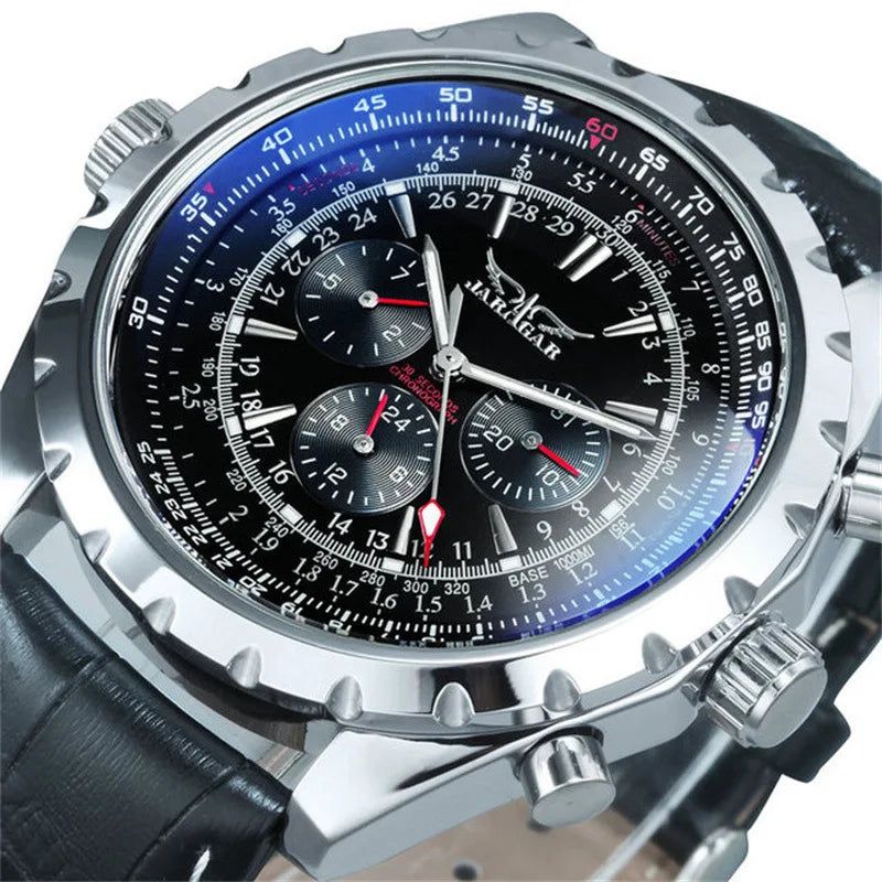 Alcom Distribution men's mechanical fashion watch with black dial and leather strap