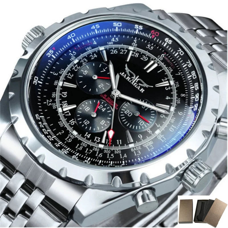 Alcom Distribution men's mechanical fashion watch with silver metal band and black multi-function dial