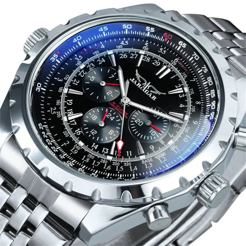 Alcom Distribution men's mechanical fashion watch with black dial and silver stainless steel band