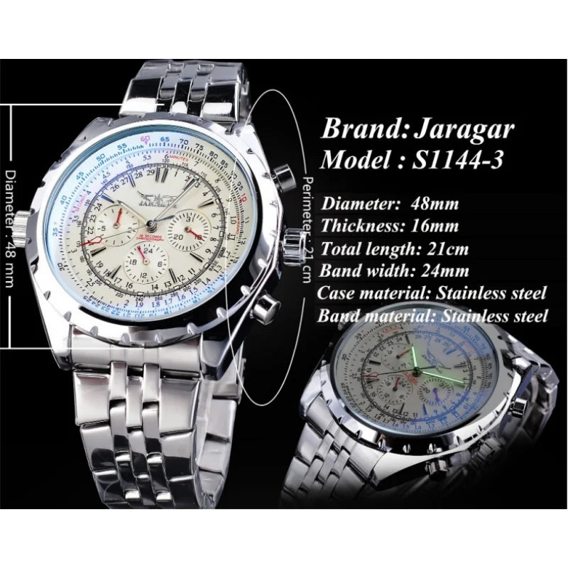 Men's mechanical fashion watch by Jaragar with stainless steel band and detailed dial design