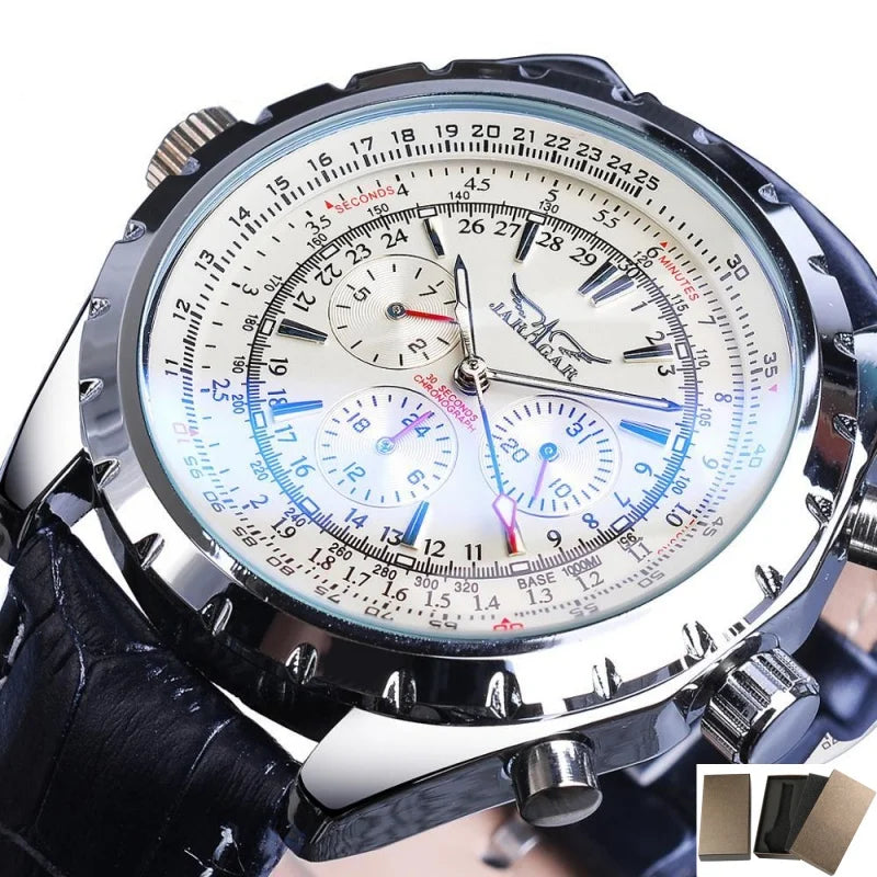 Alcom Distribution men's mechanical fashion watch with silver case and black leather strap