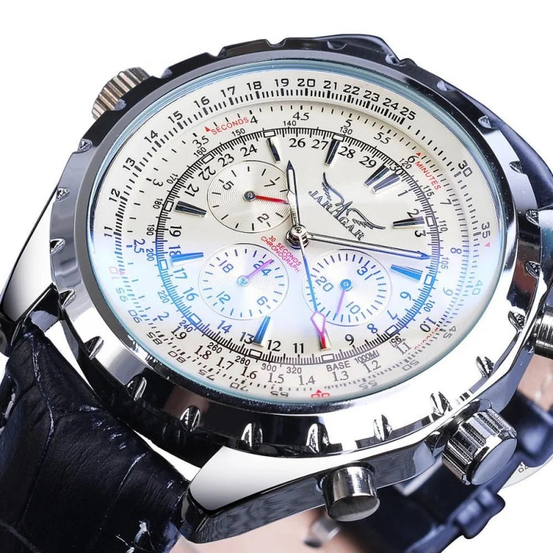 Alcom Distribution men's mechanical fashion watch with detailed white dial and black leather strap