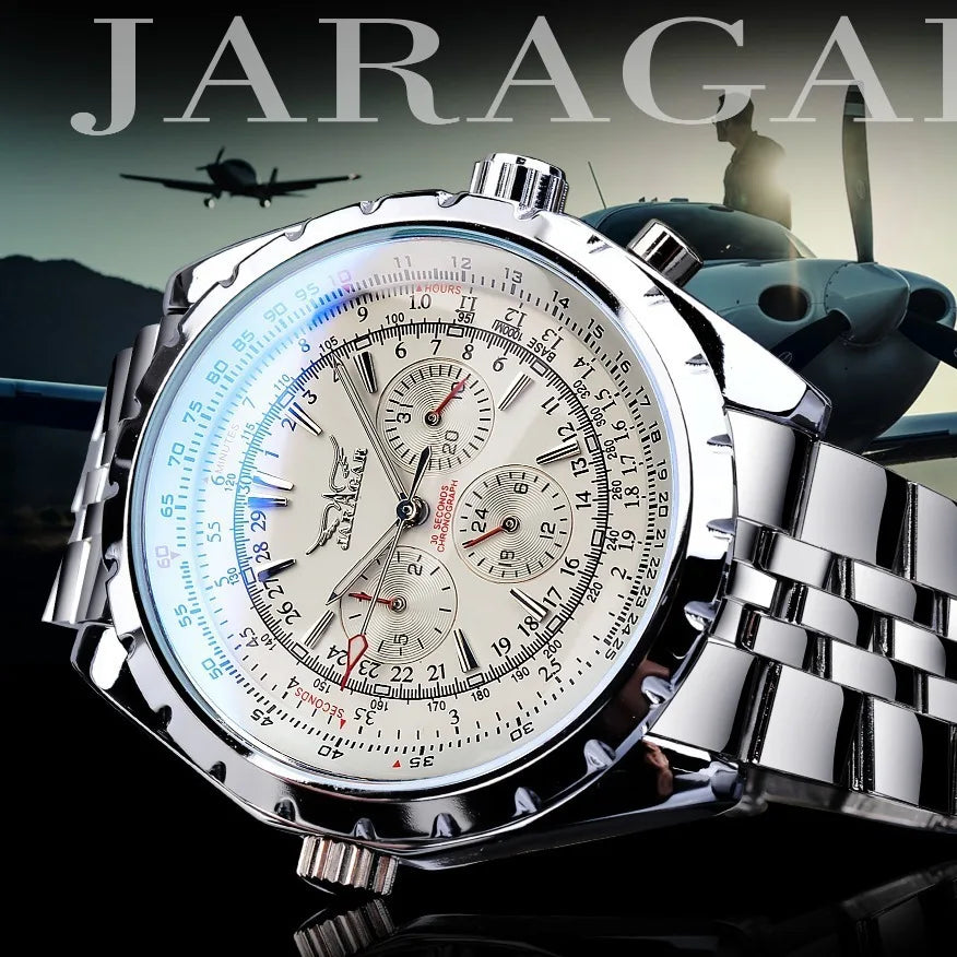 Men's mechanical fashion watch by Alcom Distribution with silver stainless steel band and detailed chronograph dial