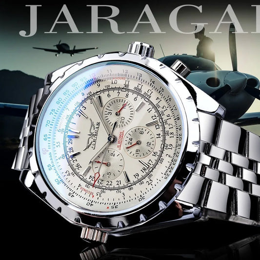 Men's mechanical fashion watch by Alcom Distribution with silver stainless steel band and detailed chronograph dial