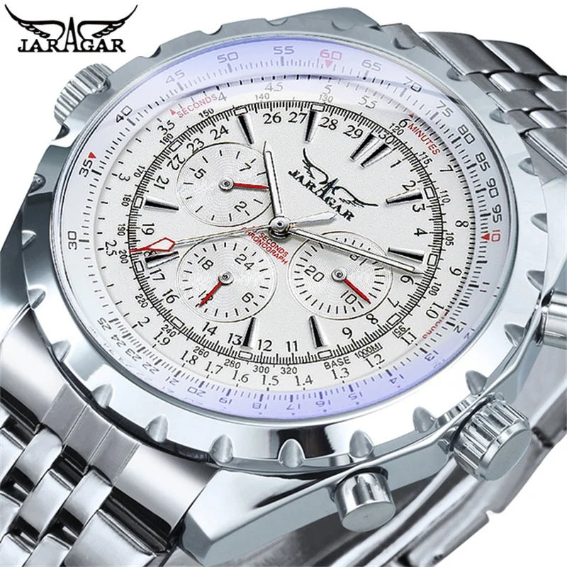 Men's mechanical fashion watch with silver stainless steel band and detailed white dial by Alcom Distribution