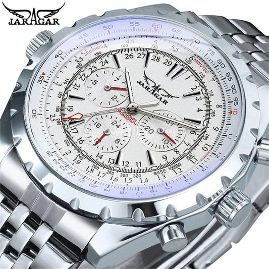 Men's mechanical fashion watch with silver stainless steel band and detailed white dial by Alcom Distribution
