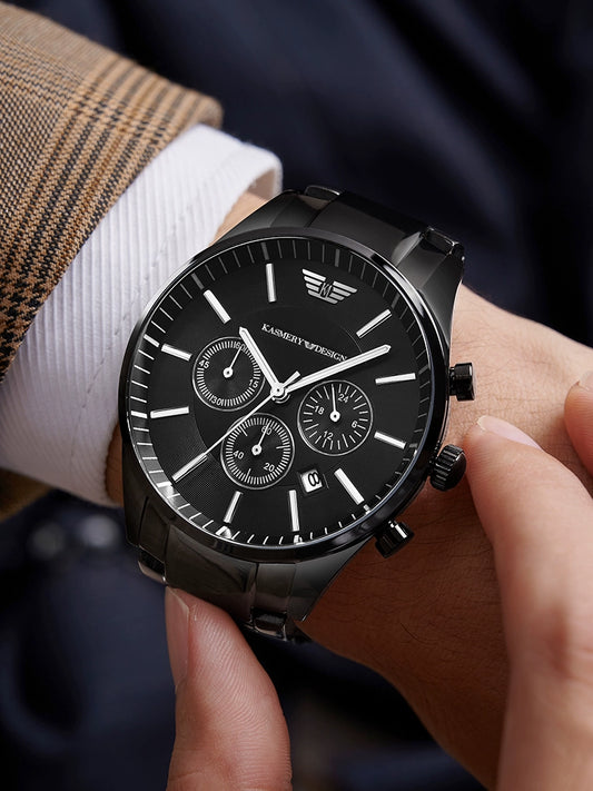 Waterproof luxury watch for men with black dial and chronograph on wrist by Alcom Distribution