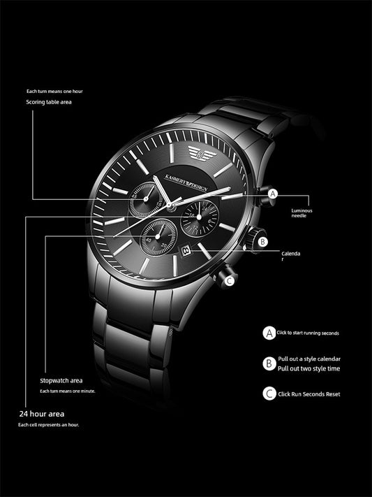 Alcom Distribution waterproof luxury watch for men with black dial and metal strap