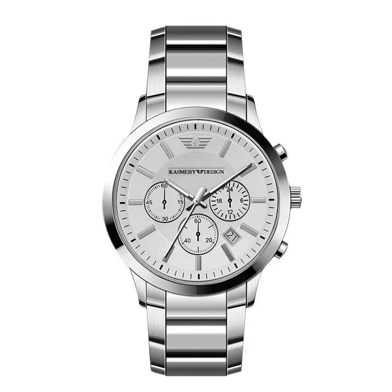 Waterproof luxury watch for men by Alcom Distribution with silver stainless steel band and chronograph dial