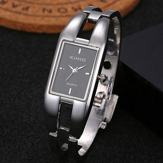 Alcom Distribution silver stainless steel bangle with rectangular black dial luxury women's bracelet watch