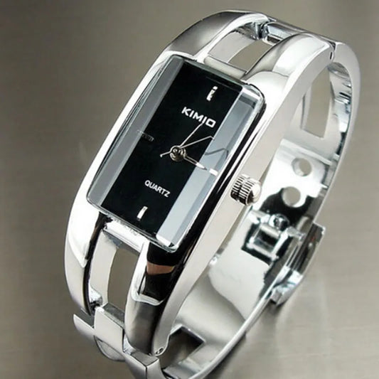 Alcom Distribution silver stainless steel bangle with rectangular black dial KIMIO quartz luxury women's bracelet watch