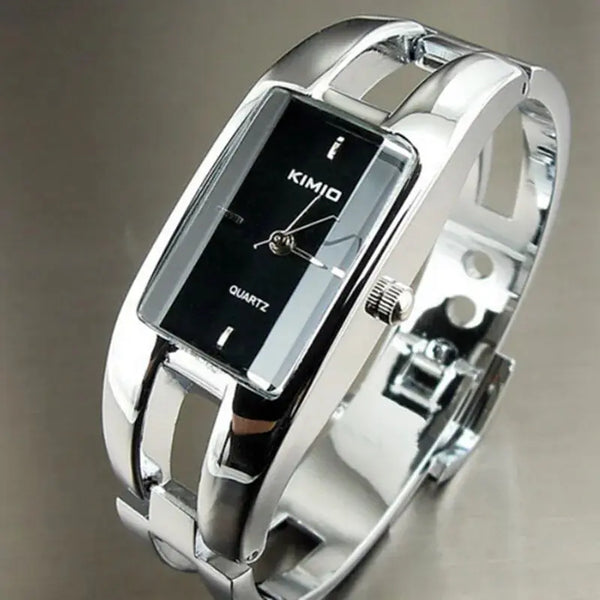Alcom Distribution silver stainless steel bangle with rectangular black dial KIMIO quartz luxury women's bracelet watch