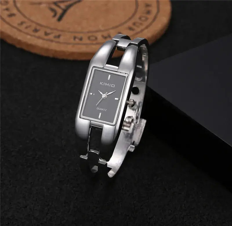 Alcom Distribution silver bangle with rectangular black dial KIMIO luxury women's bracelet watch