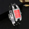 Alcom Distribution luxury women's bracelet watch silver cuff bangle with rectangular red dial and quartz movement