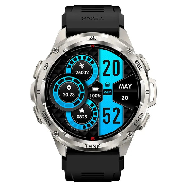 KOSPET Tank T3 Ultra smartwatch with black strap and silver bezel showing health and date metrics