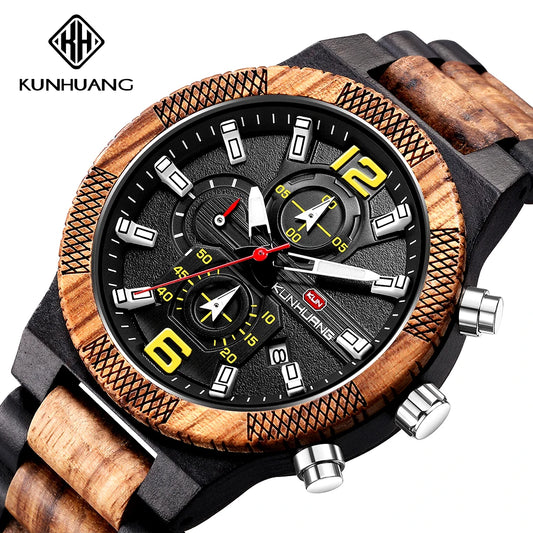 Kunhuang eco-friendly wooden watch with black dial and yellow accents by Alcom Distribution