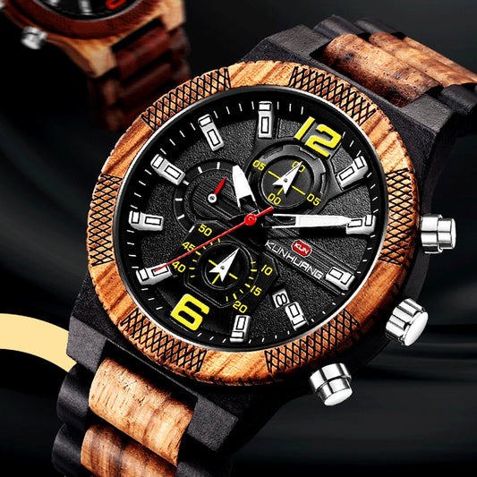 Alcom Distribution eco-friendly wooden watch with black dial and yellow accents on a wooden band