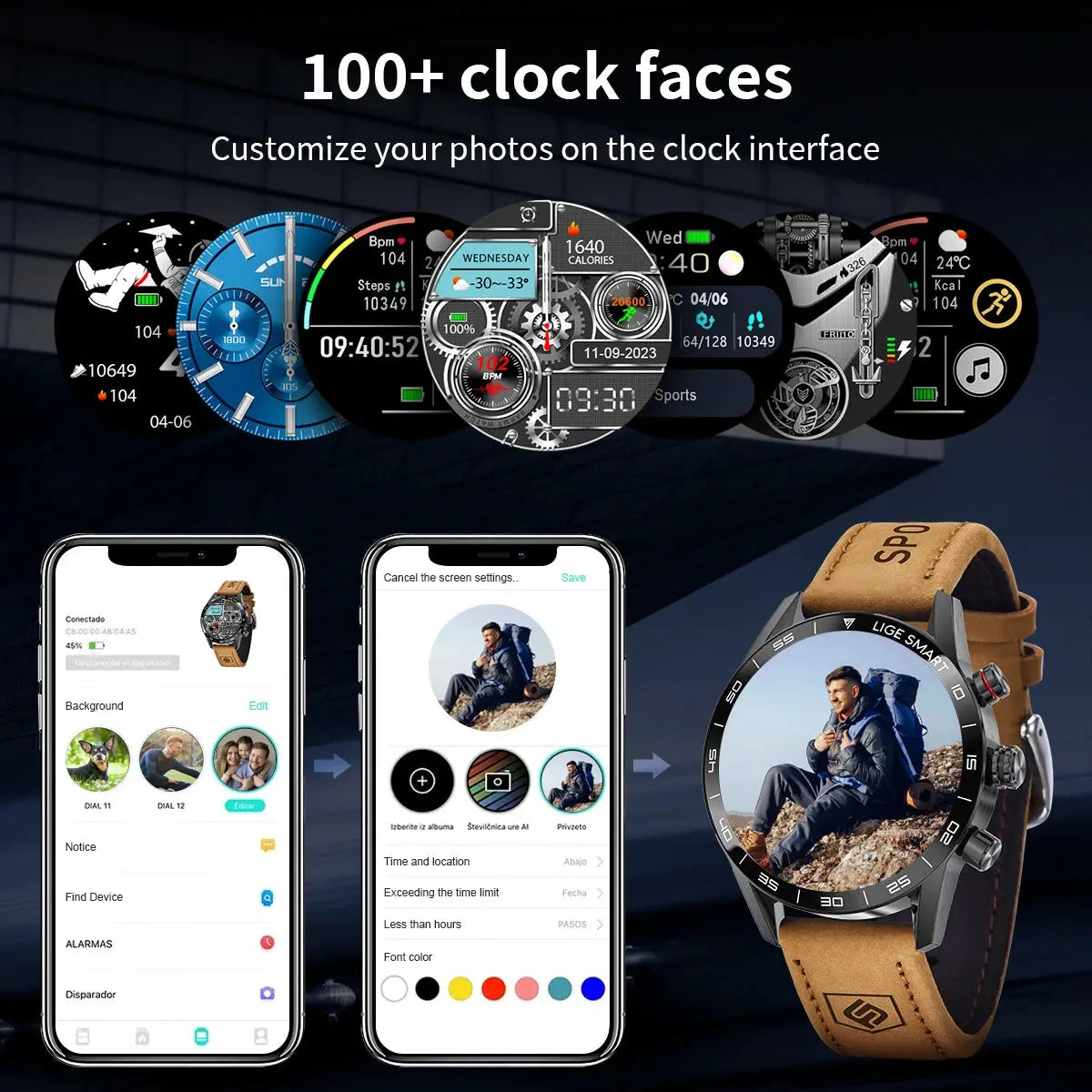 2024 waterproof smartwatch rugged with customizable clock faces and leather strap from Alcom Distribution