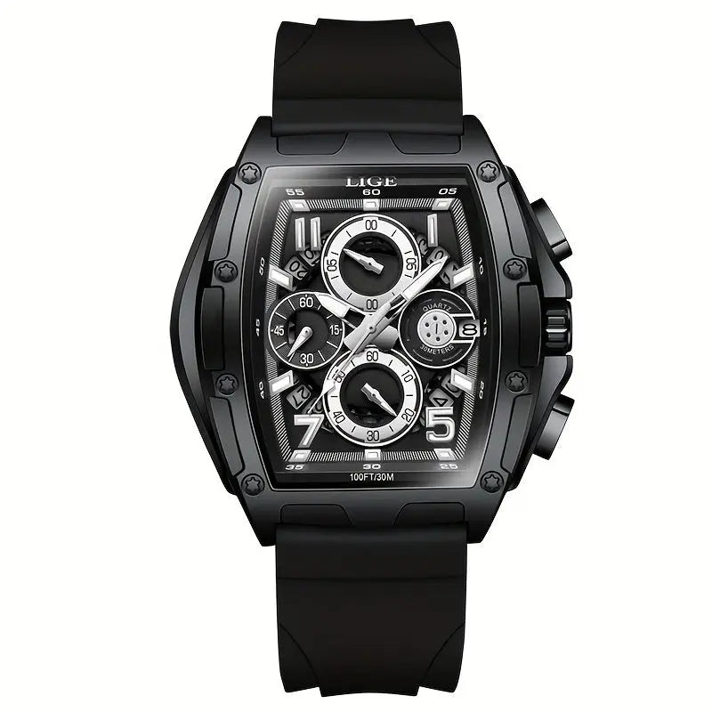 LIGE wine cask business watch with black strap and multi-function chronograph dial