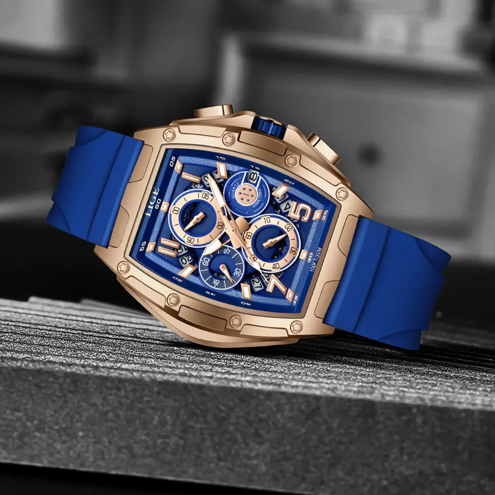 LIGE wine cask business watch with blue strap and rose gold case featuring multiple dials