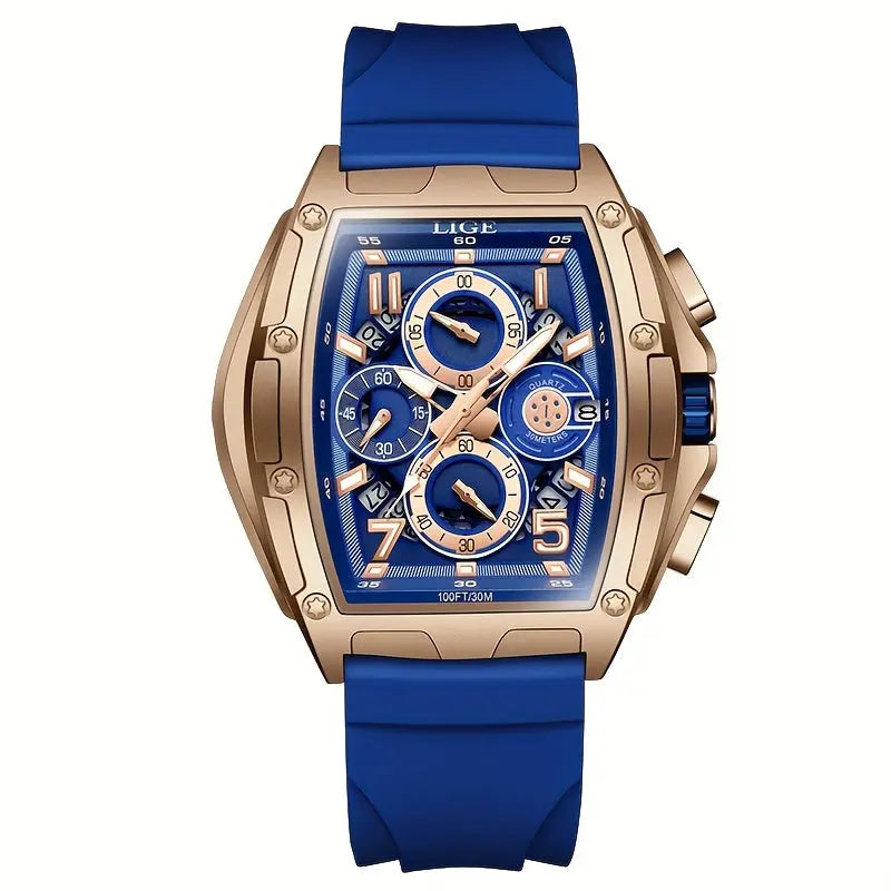 LIGE wine cask business watch with blue silicone strap and gold-tone rectangular case
