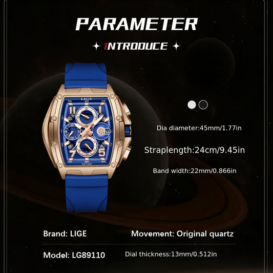 LIGE wine cask business watch with blue strap and gold-tone dial, quartz movement and 45mm diameter