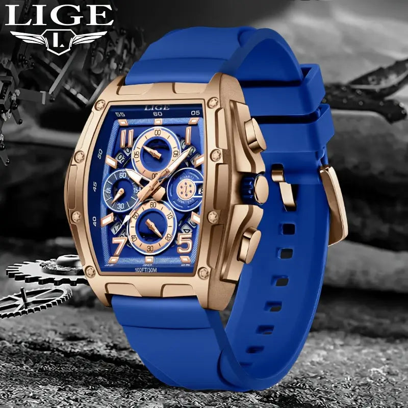 LIGE wine cask business watch with blue strap and gold-tone case featuring multiple dials