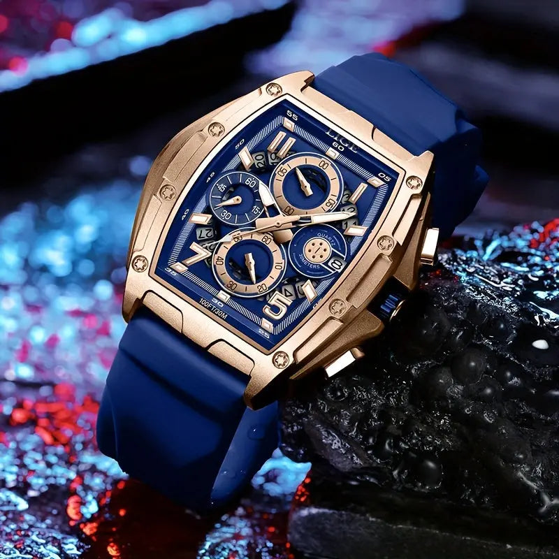 LIGE wine cask business watch with gold square case and blue silicone strap on textured surface