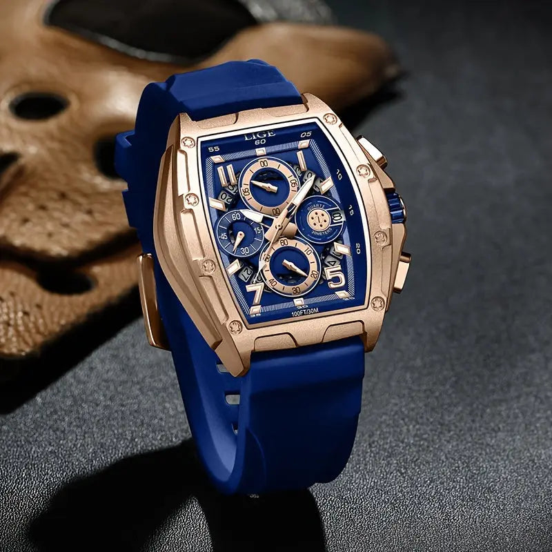 LIGE wine cask business watch with blue silicone strap and rose gold detailed dial